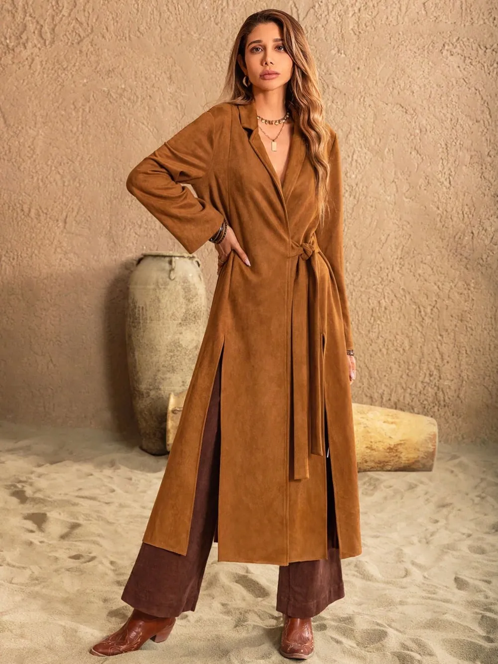 Slit Tied Collared Neck Longline Coat, image 3