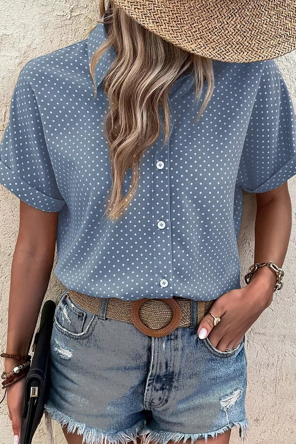 Dotted Print Cuffed Short Sleeve Shirt, image 5