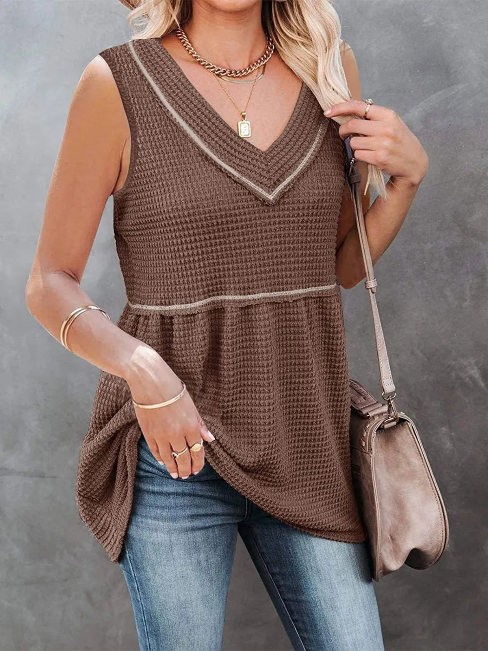 V-Neck Waffle Knit Tank Top with Contrast Stitching, image 21