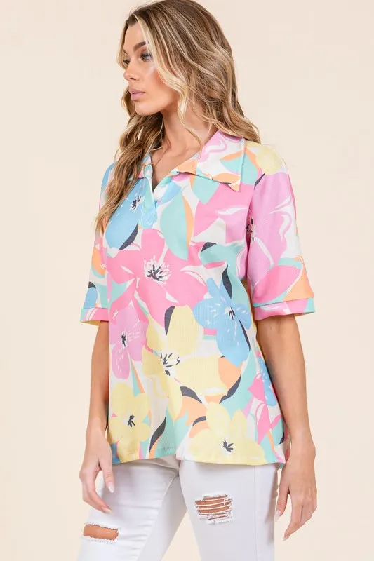 Floral Collared Neck Half Sleeve Top, image 3