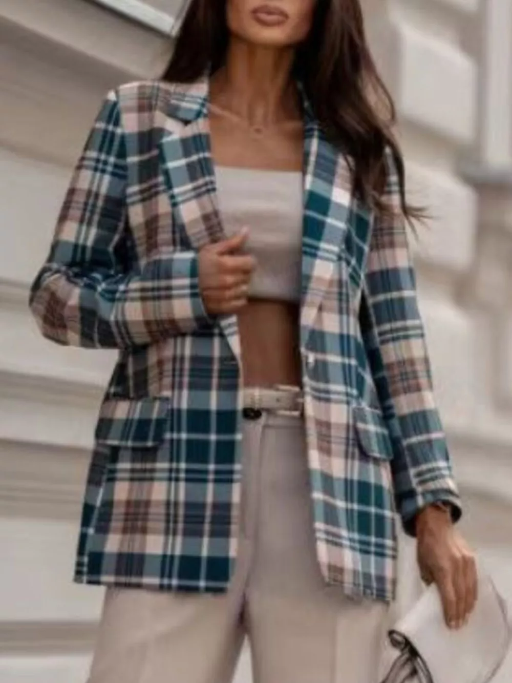 Plaid Lapel Collar Blazer, image 3