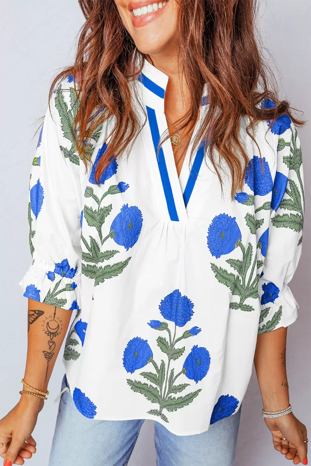 Floral Print Notched Ruffled Sleeve Blouse, image 10