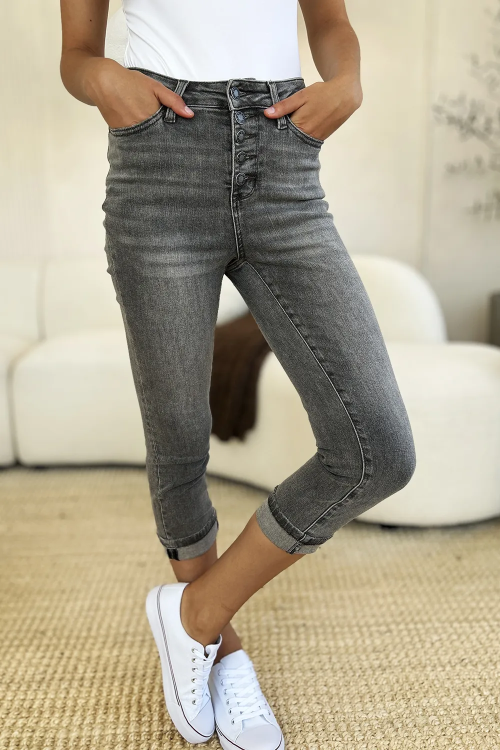 Full Size Button Fly High Waist Cuffed Capris, image 11