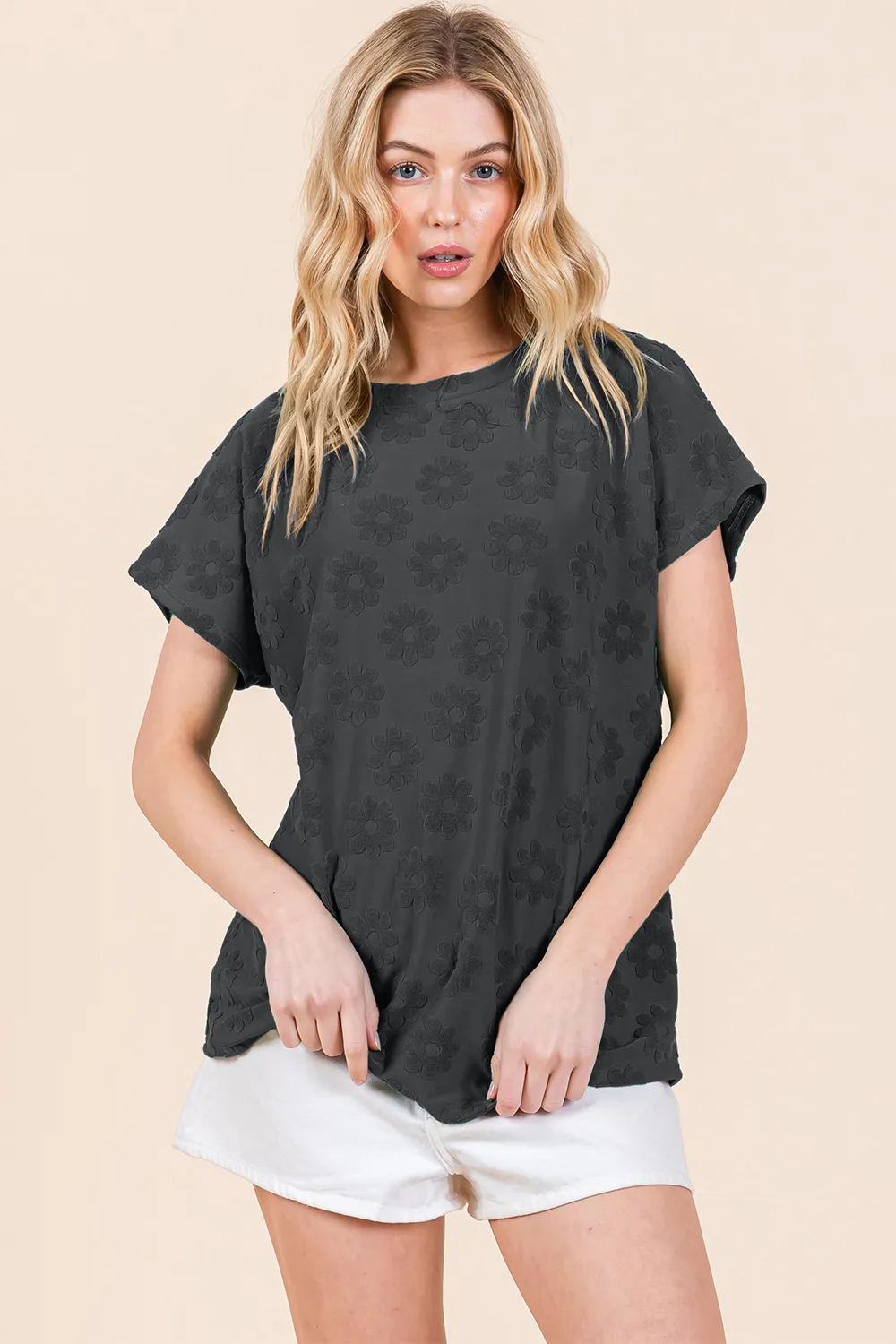 Textured Floral Pattern Short Sleeve T-Shirt, image 3