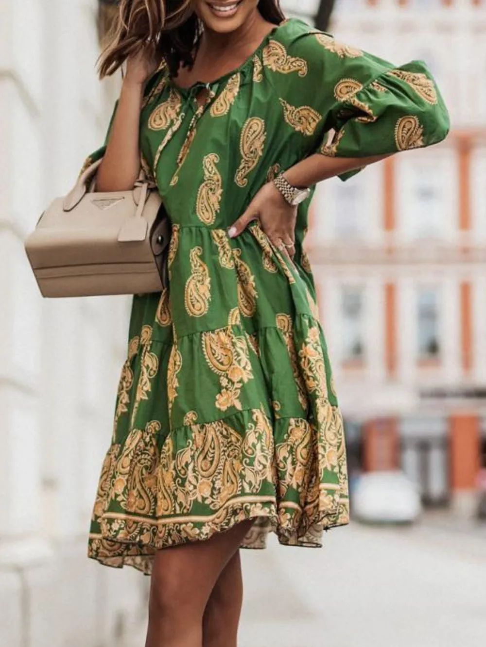 Paisley Print Tie Neck Half Sleeve Mini Dress, image 3