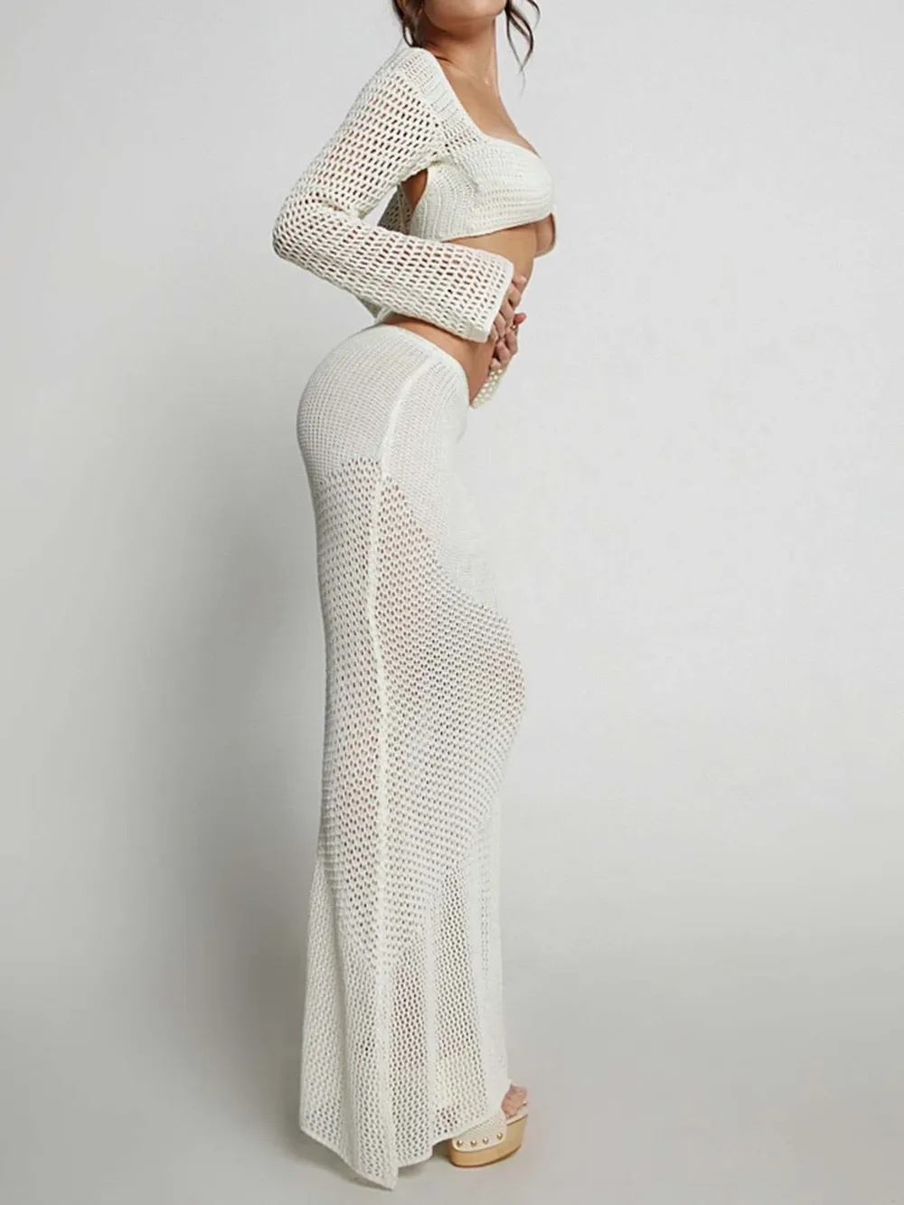 Tied Long Sleeve Top and Skirt Cover Up Set, image 15