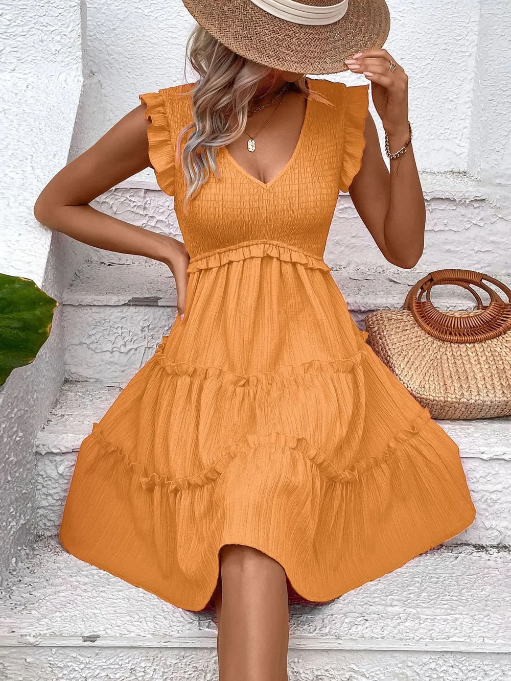 Ruffled V-Neck Cap Sleeve Dress, image 5