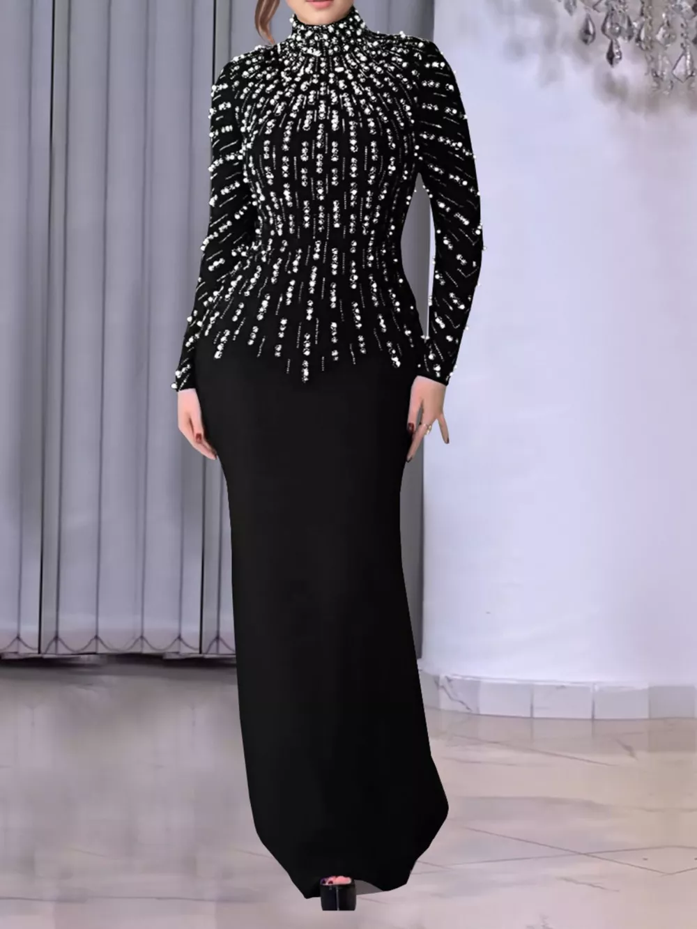 Pearl Detail Mock Neck Maxi Dress