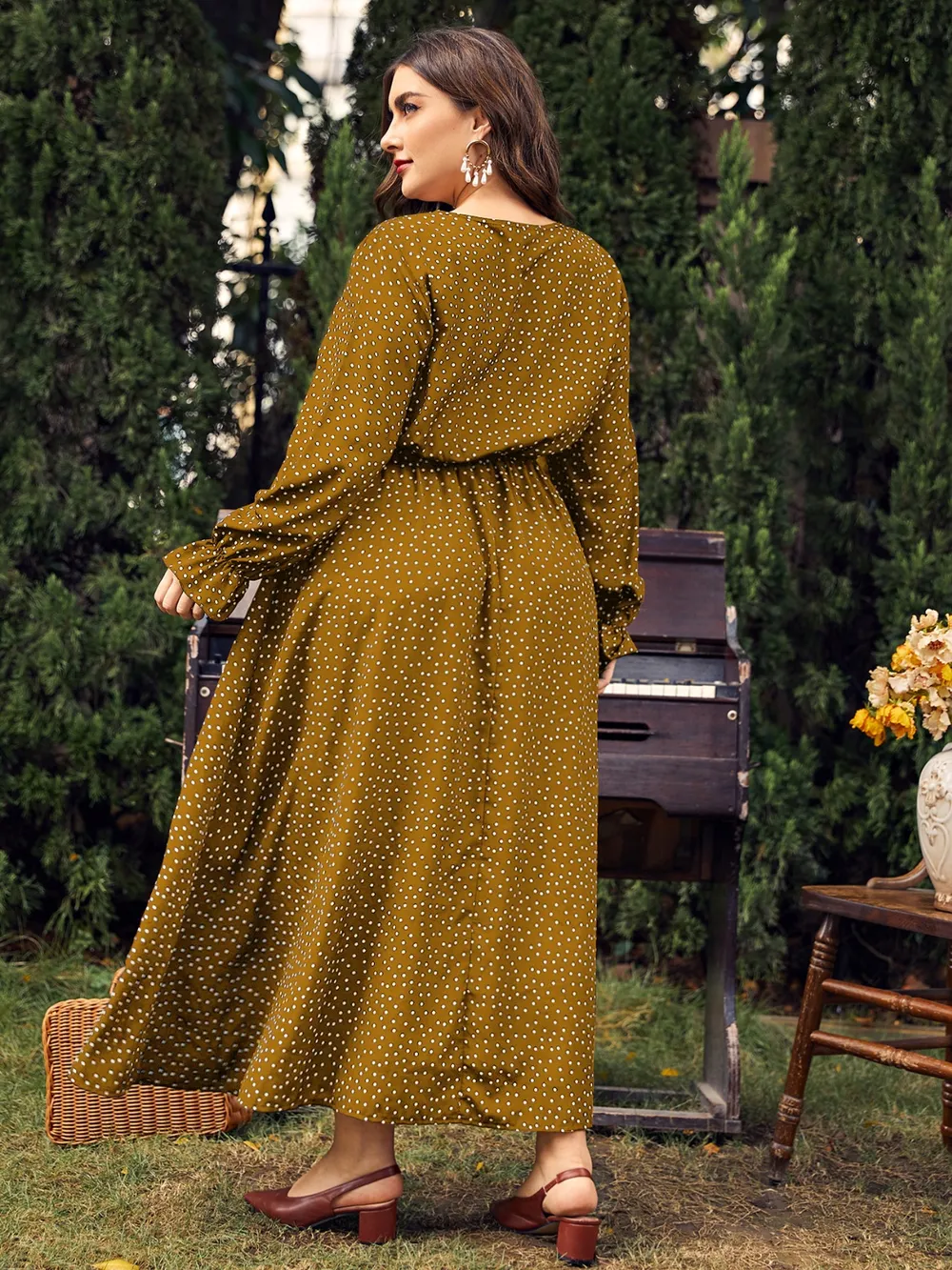 Plus Size Ruffled Polka Dot Long Sleeve Midi Dress, image 7