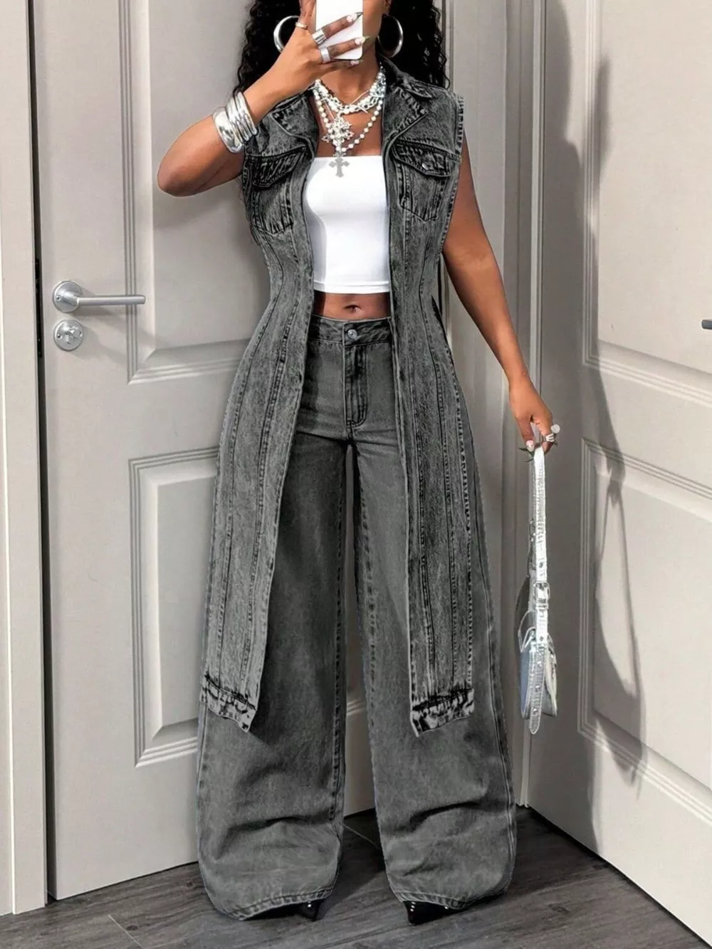 High-Low Open Front Denim Vest, image 18