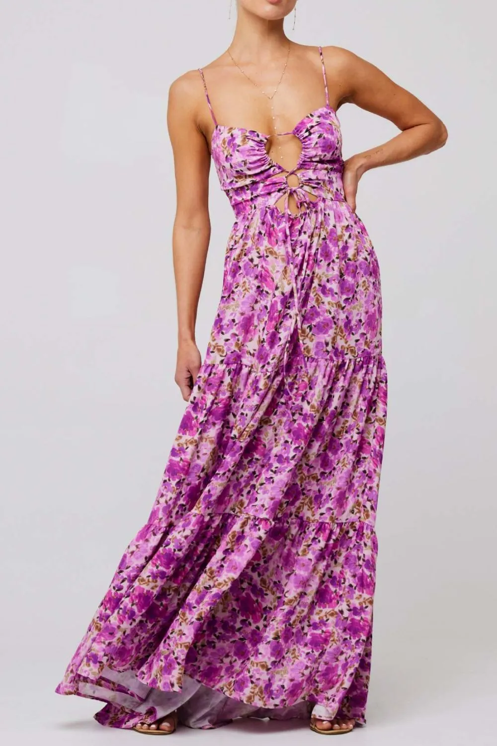 Floral Print Tie Front Tiered Maxi Dress, image 4