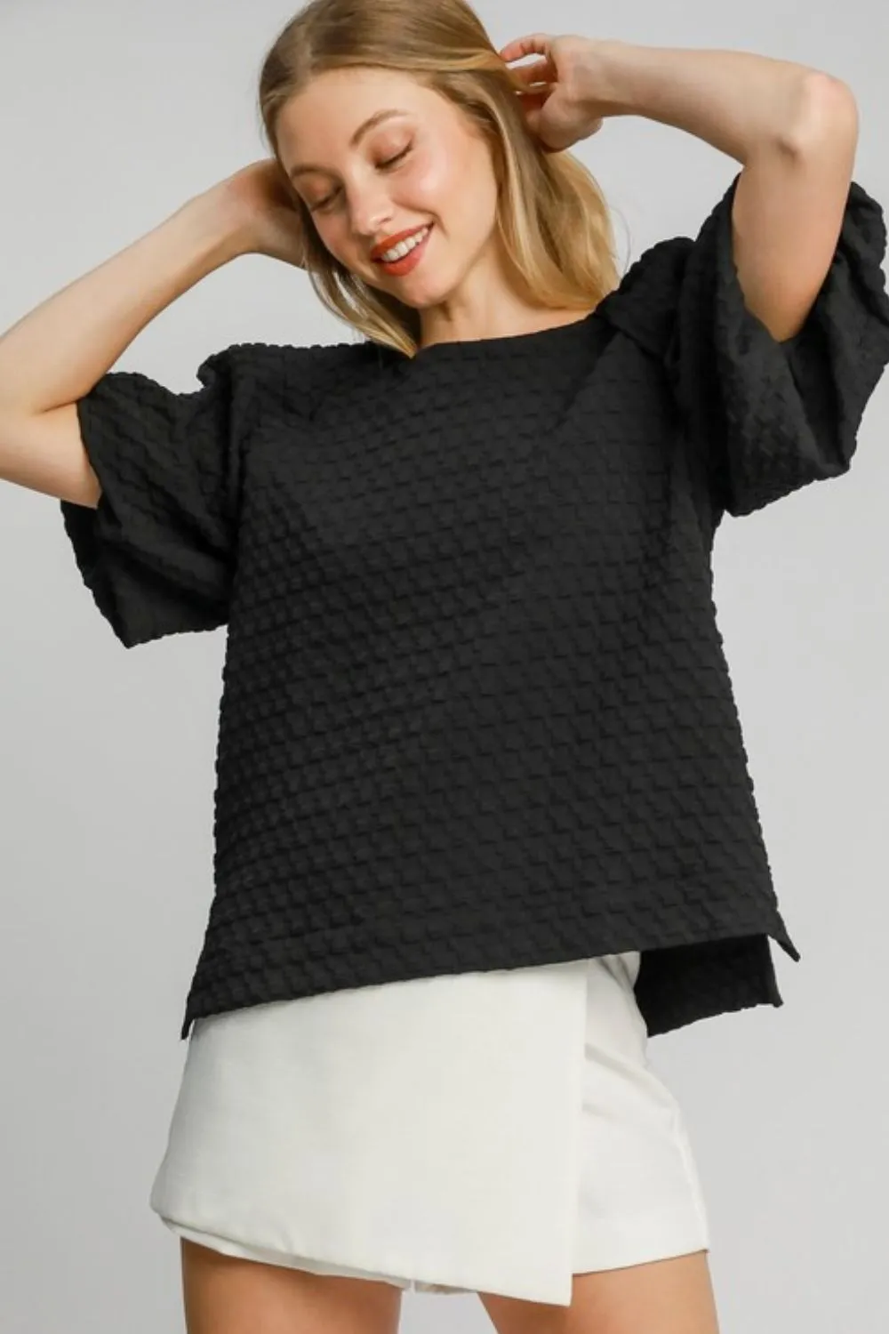 Full Size Boxy Cut Jacquard Round Neck Top with Side Slit Plus Size, image 2