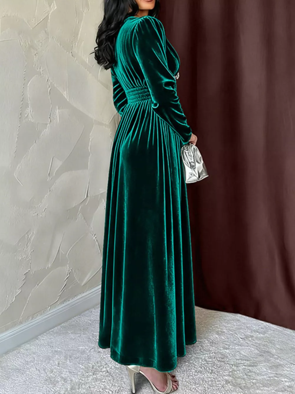 Velvet V-Neck Long Sleeve Maxi Dress, image 2