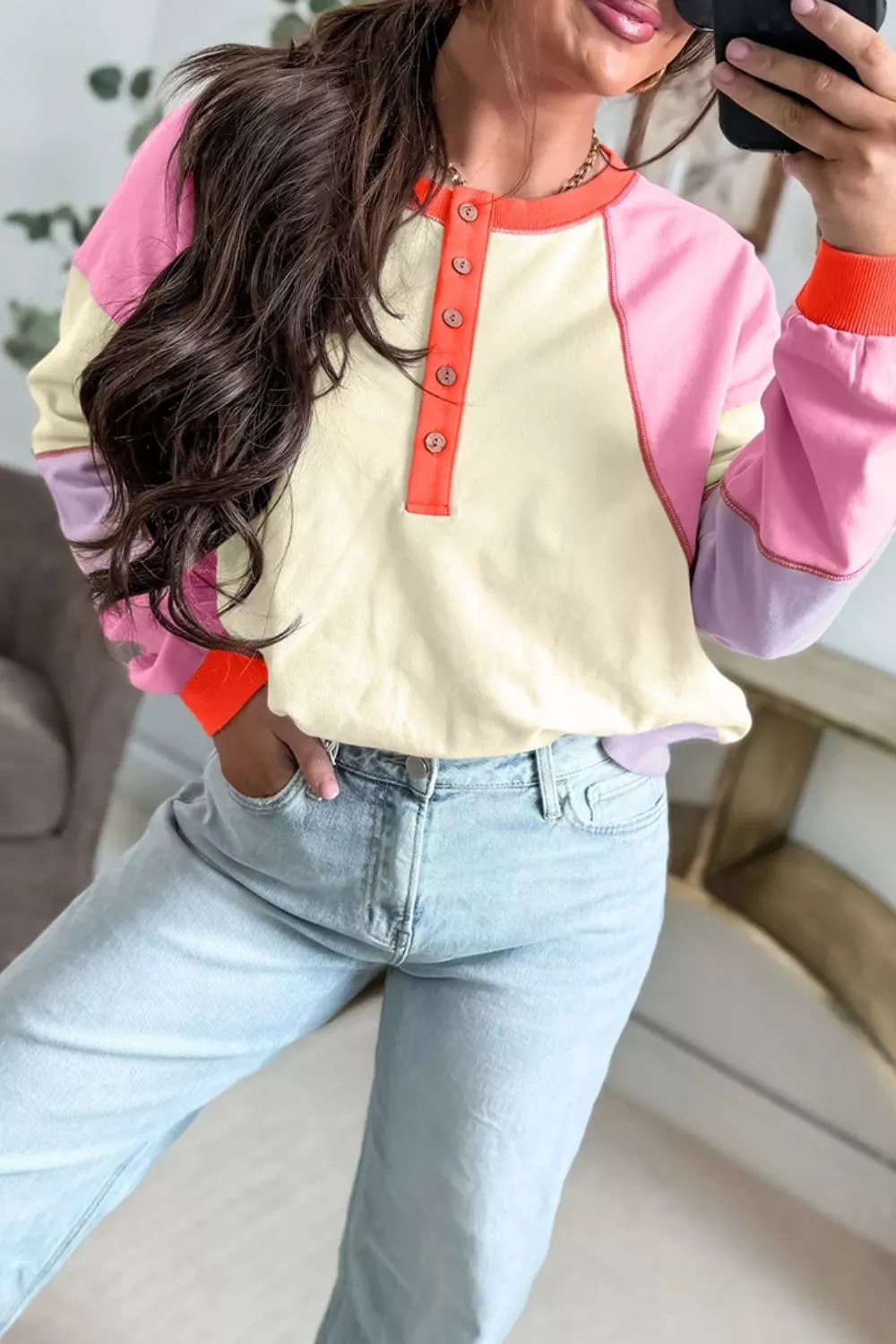 Multicolour Exposed Seam Colorblock Patchwork Long Sleeve Top, image 5