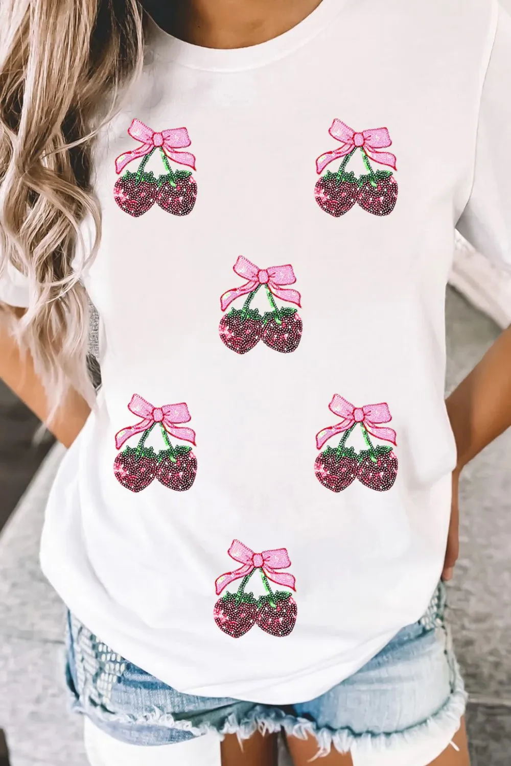 Sequin Cherry Round Neck Short Sleeve T-Shirt, image 2