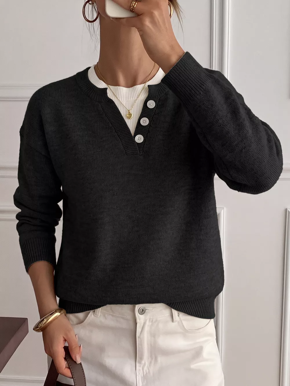 Decor Button-Placket Ribbed Knit Sweater