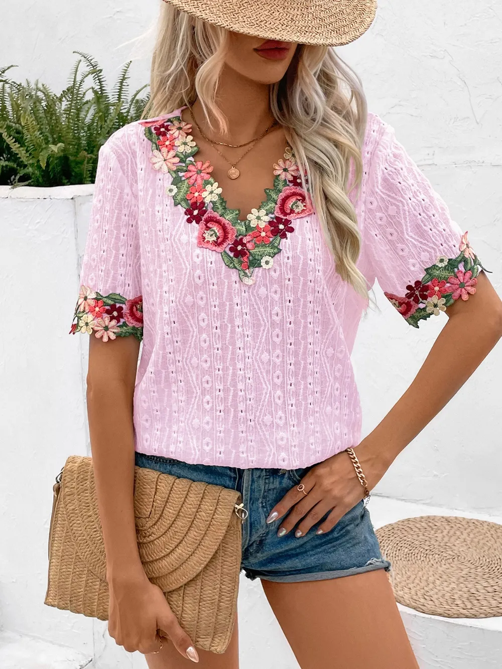 Eyelet Embroidered V-Neck Short Sleeve Blouse, image 5