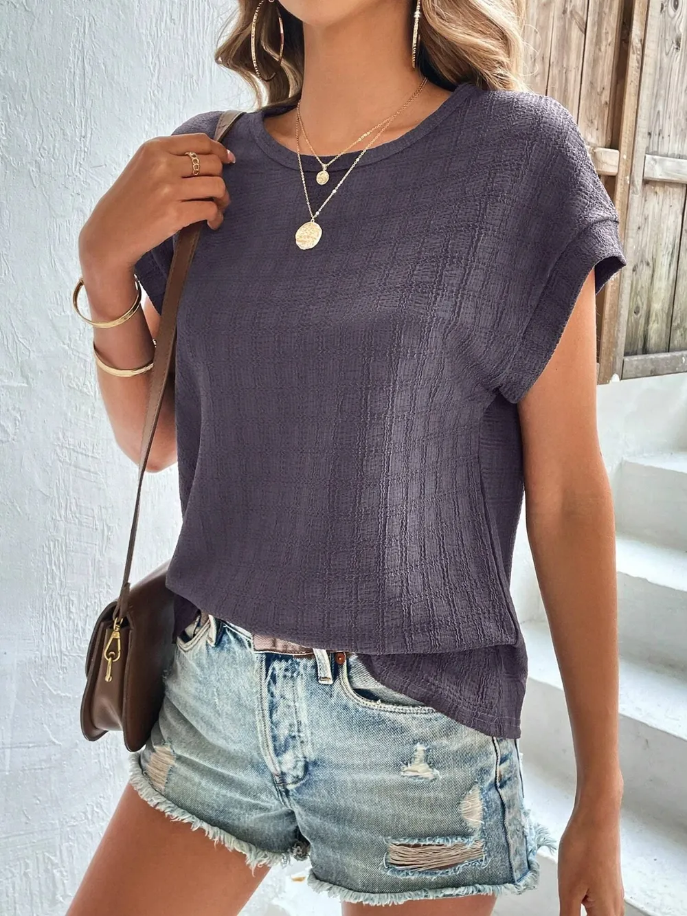 Textured Round Neck Short Sleeve Top, image 5