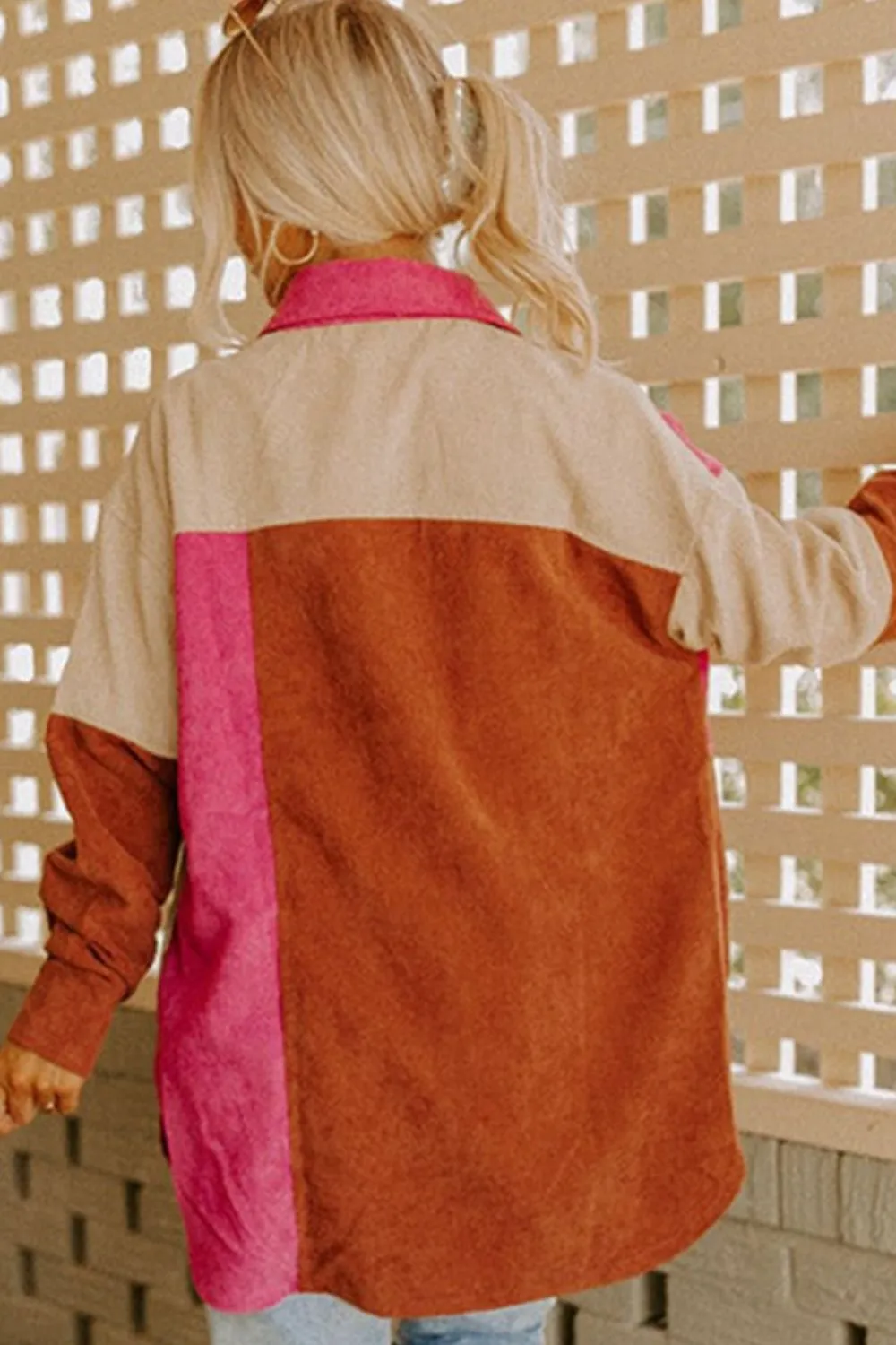 Color Block Curved Hem Corduroy Shacket with Pocket, image 3
