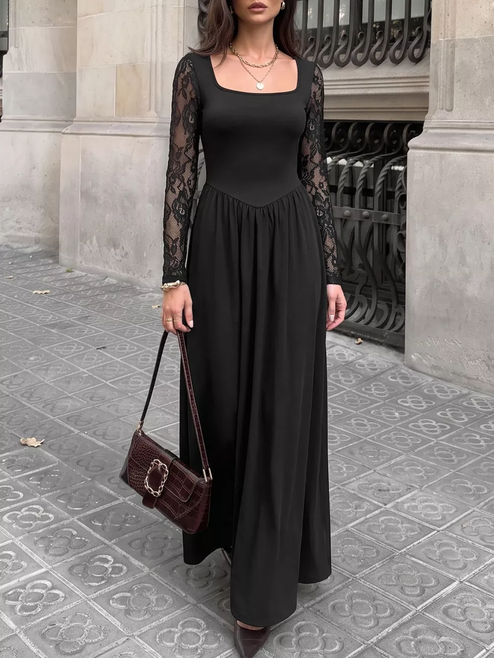 Square Neck Sheer Sleeve Maxi Dress