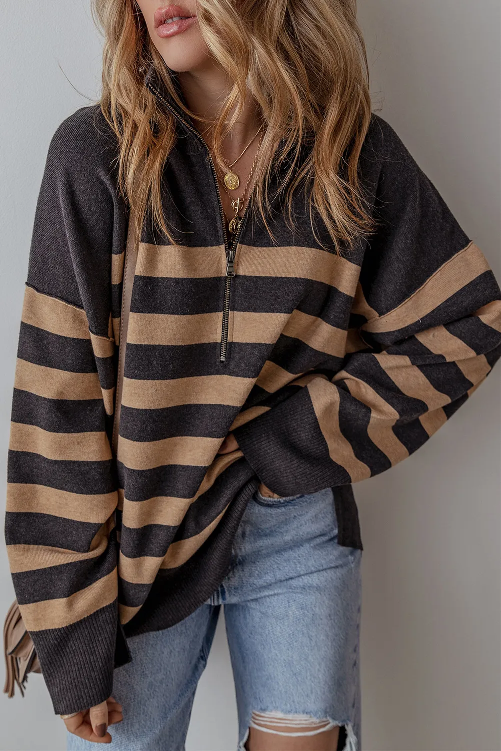 Striped Half Zip Long Sleeve Knit Top, image 3