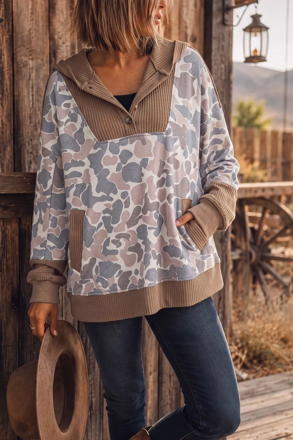 Camouflage Print Waffle Knit Patchwork Half Zip Hoodie, image 2