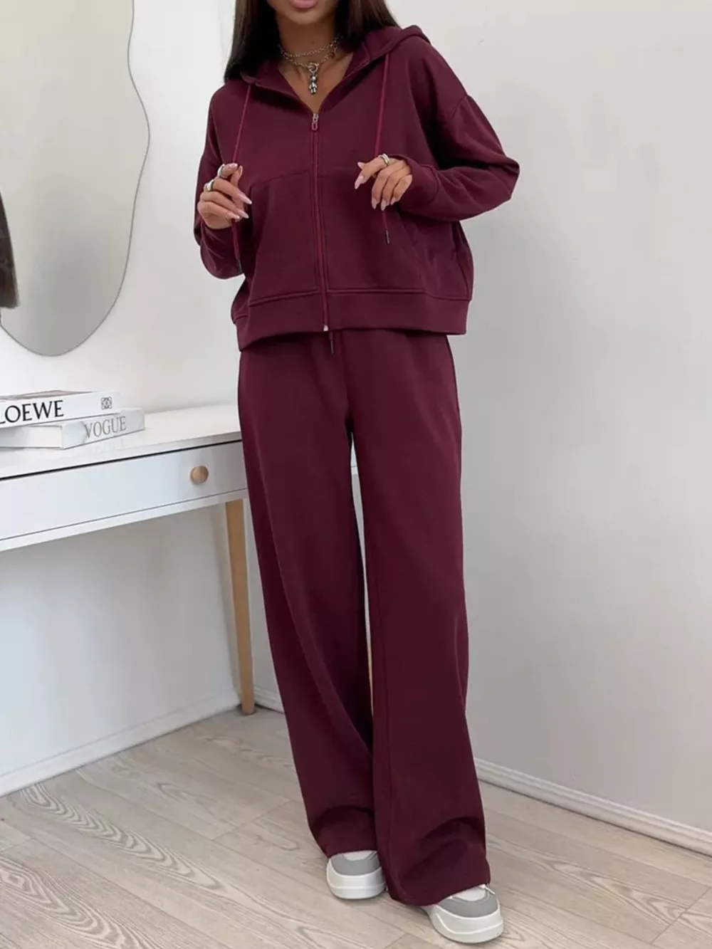 Zip-Up Hoodie and Wide-Leg Pants Set, image 6