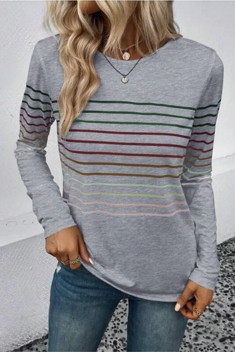 Striped Round Neck Long Sleeve T-Shirt, image 16