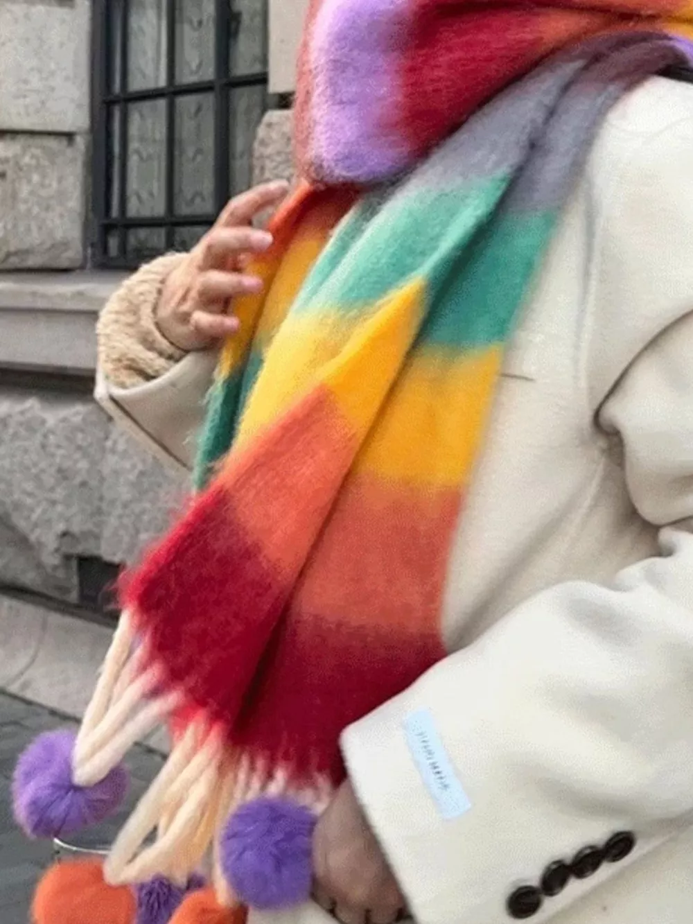 Rainbow Striped Fuzzy Scarf with Pom-Poms, image 2
