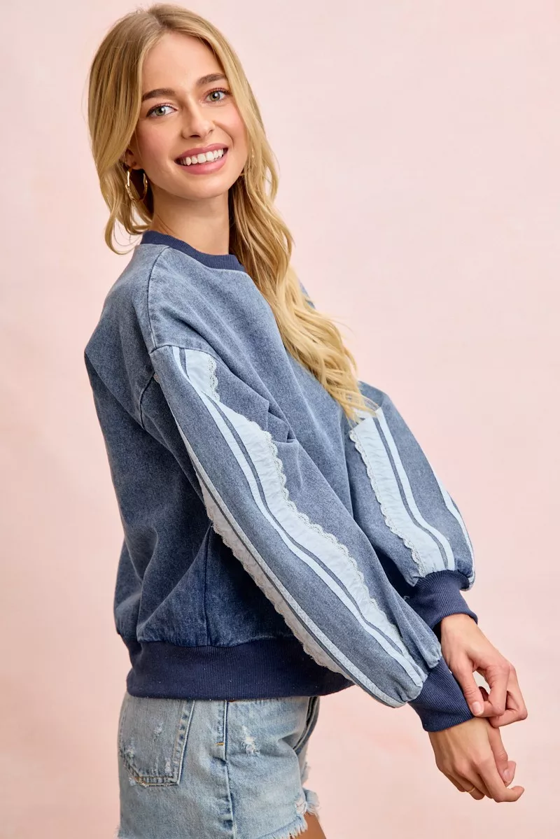 BiBi Washed Denim Lace Contrast Sided Sweatshirt, image 2