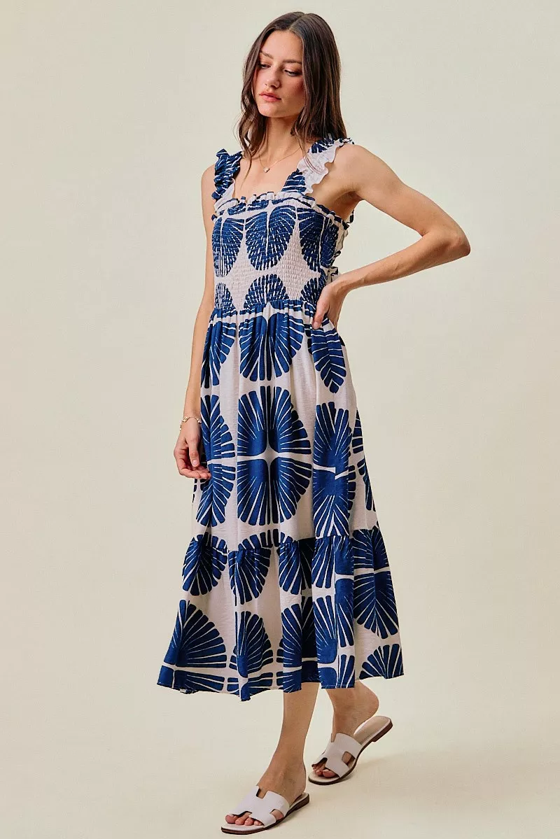 Abstract Print Smocked Bodice Tiered Lined Midi Dress, image 5