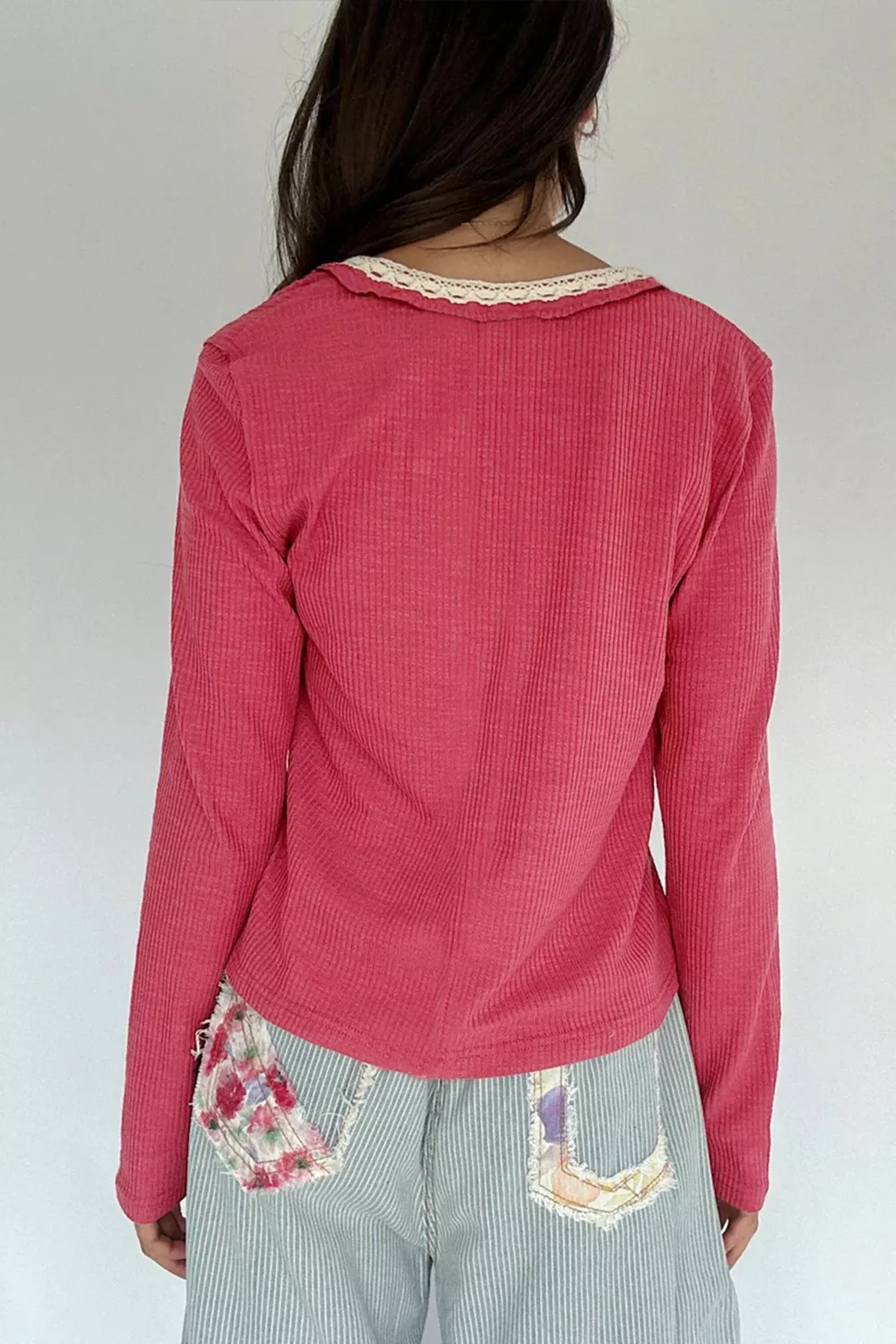 Lace Trim Ribbed Knit Henley Blouse, image 3