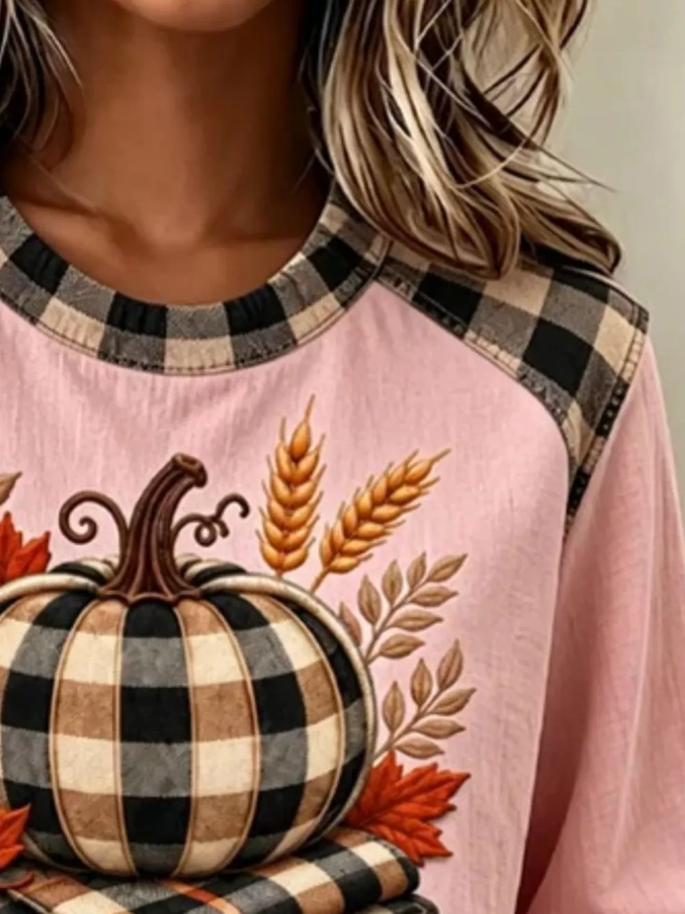 Full Size Pumpkin Plaid Patchwork Long Sleeve Sweatshirt Plus Size, image 6