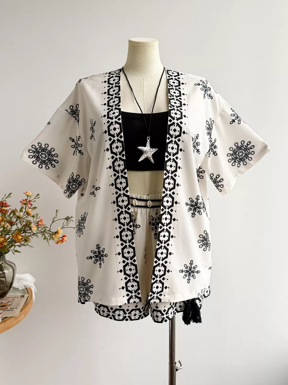 Plus Size Printed Open Front Cardigan and Shorts Set, image 3