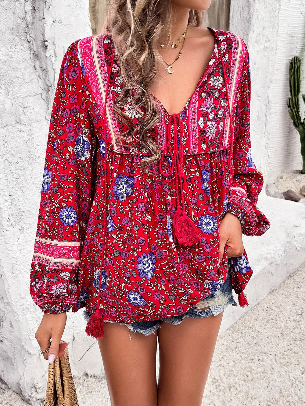 Printed Tie Neck Long Sleeve Blouse, image 12