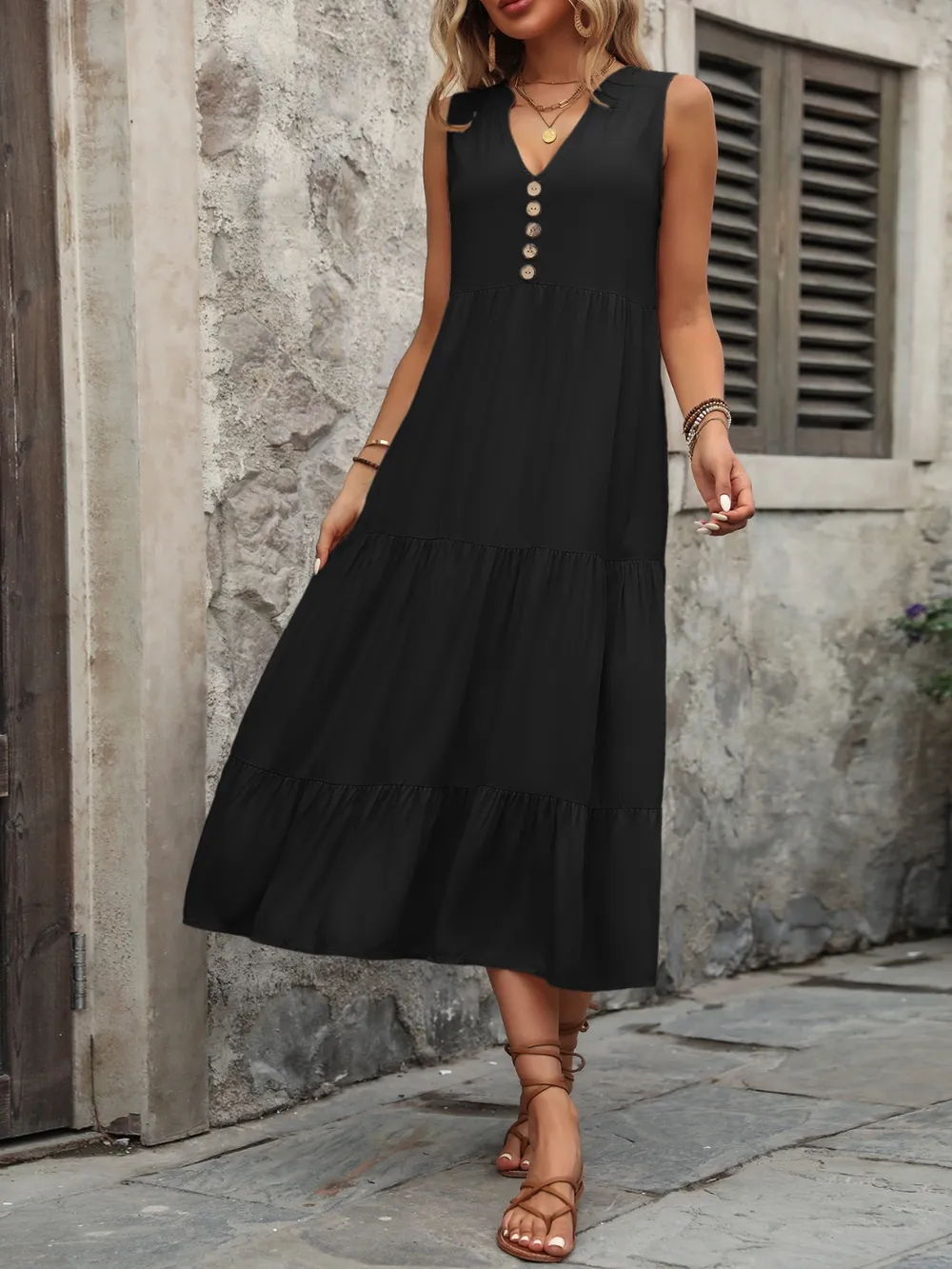 Decorative Button Notched Sleeveless Dress, image 13