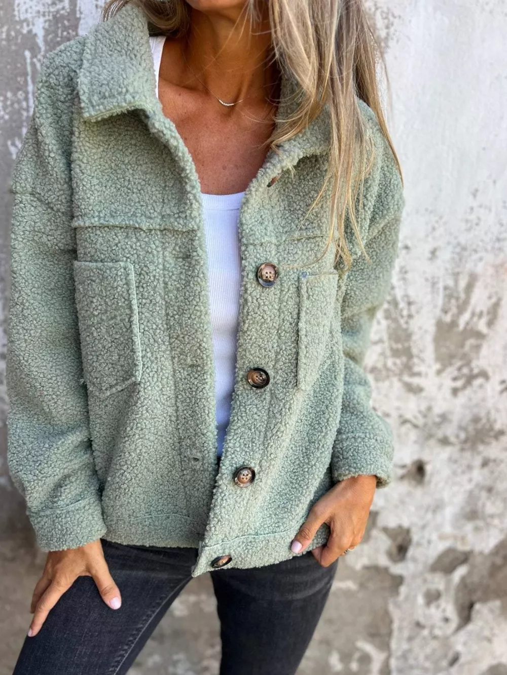 Full Size Fuzzy Button Up Drop Shoulder Jacket, image 2