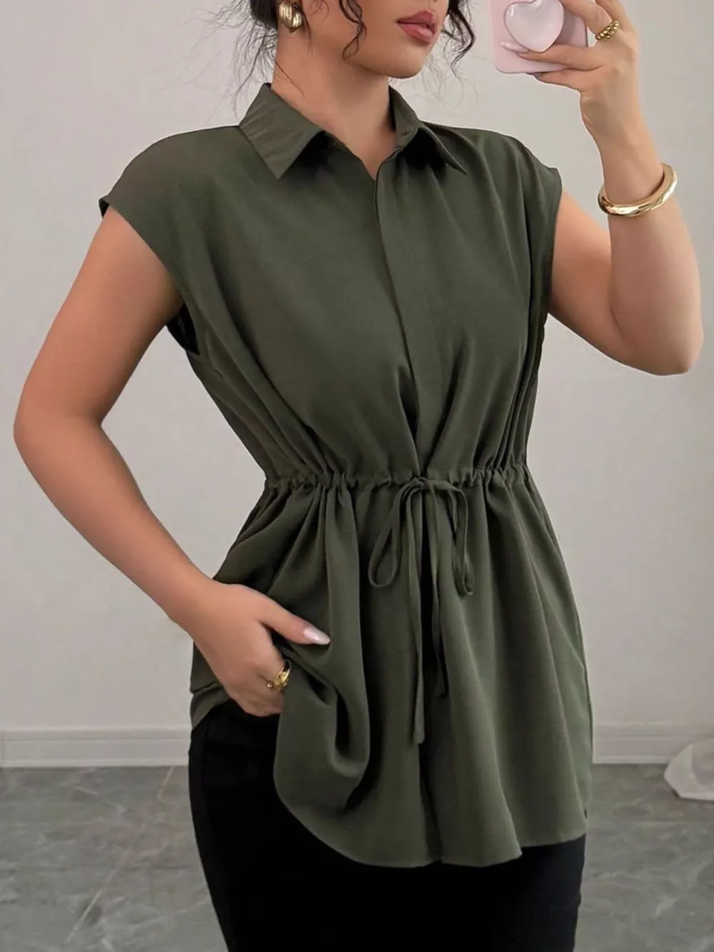 Drawstring Waist Cap Sleeve Shirt, image 17