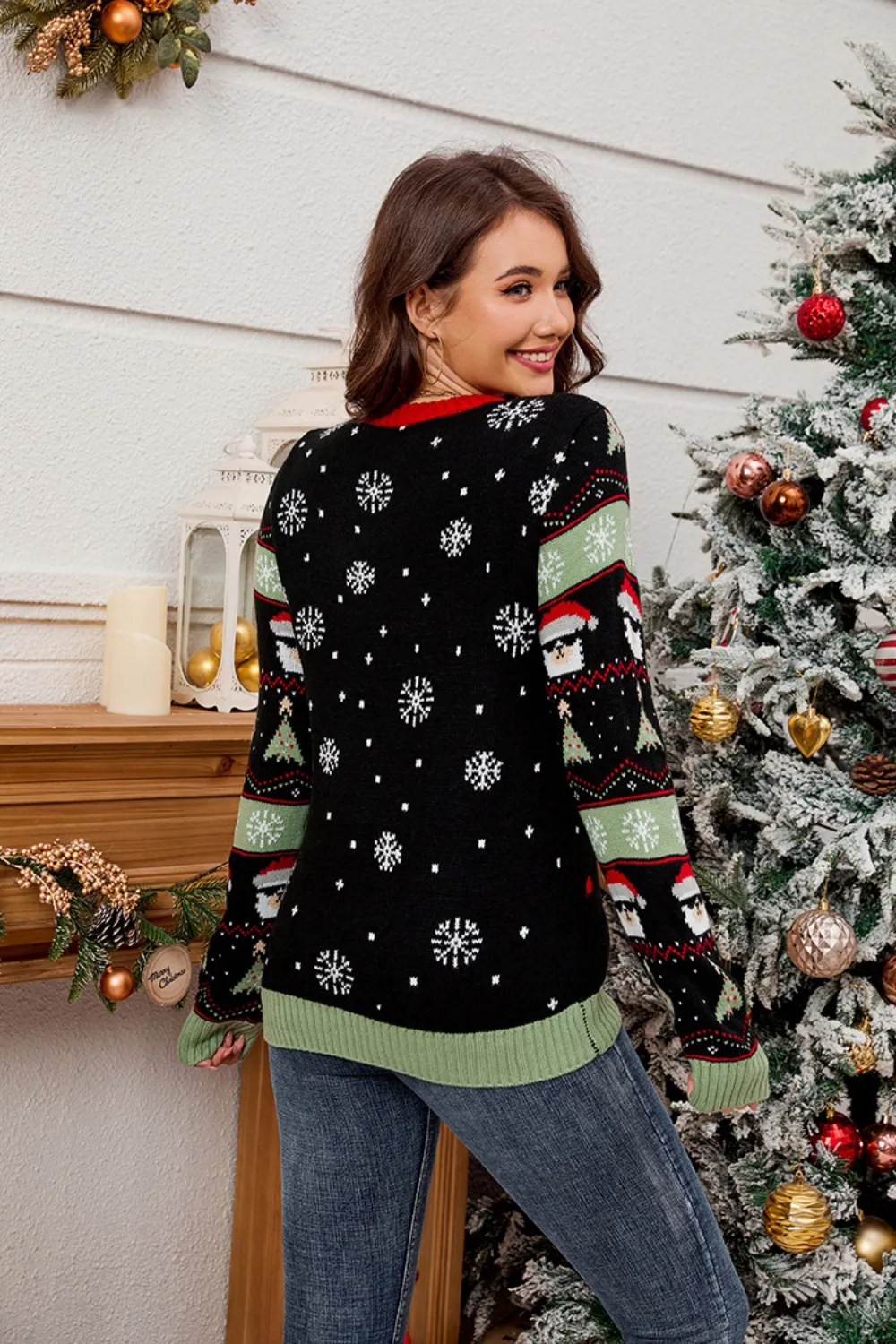 Contrast Christmas Pattern Round Neck Sweater, image 5