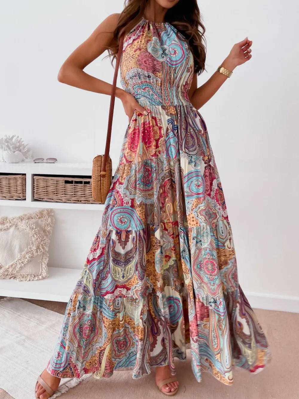 Printed Halter Neck Maxi Dress, image 7