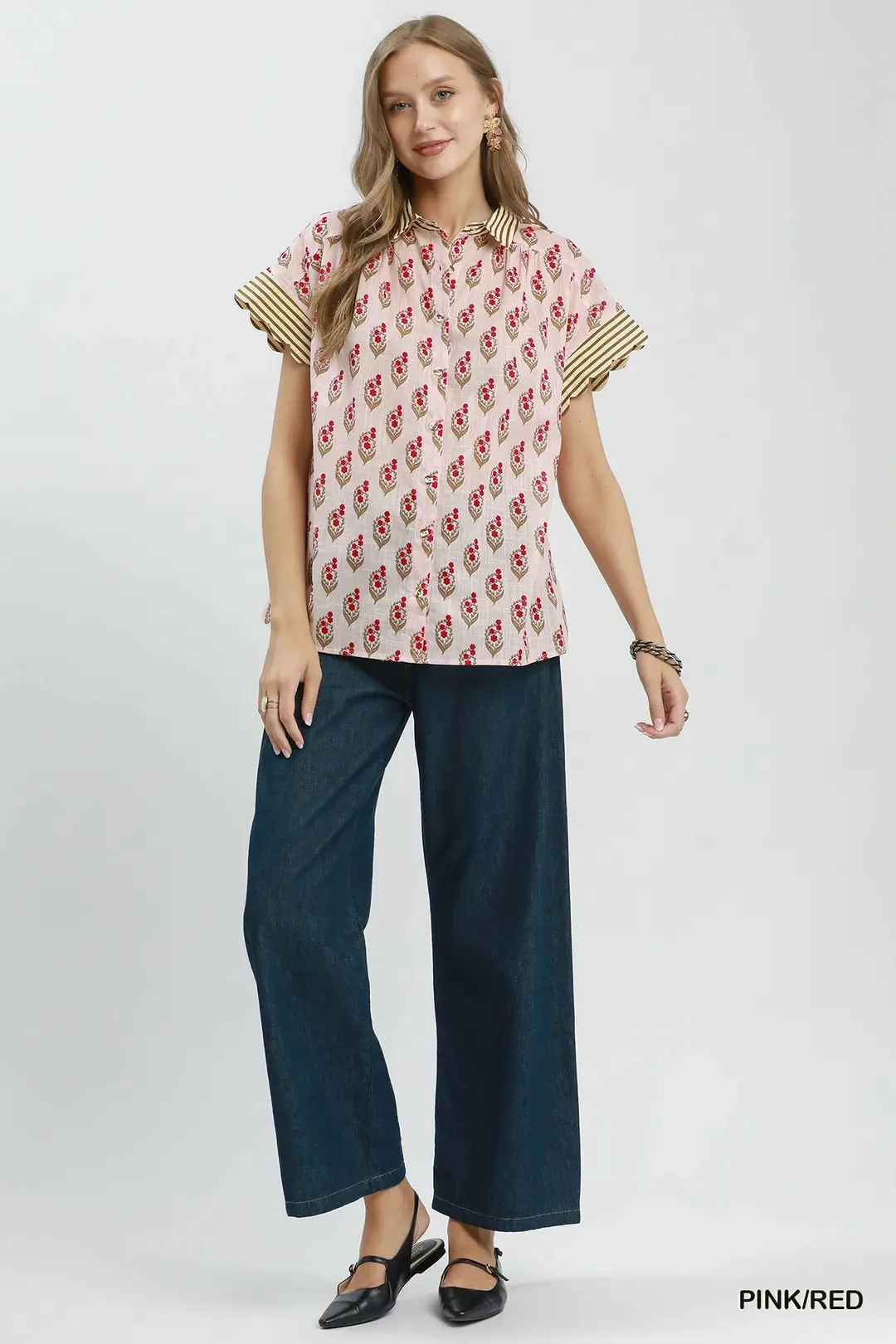Block Print Button-Front Shirt with Contrast Stripe Point Collar, image 6