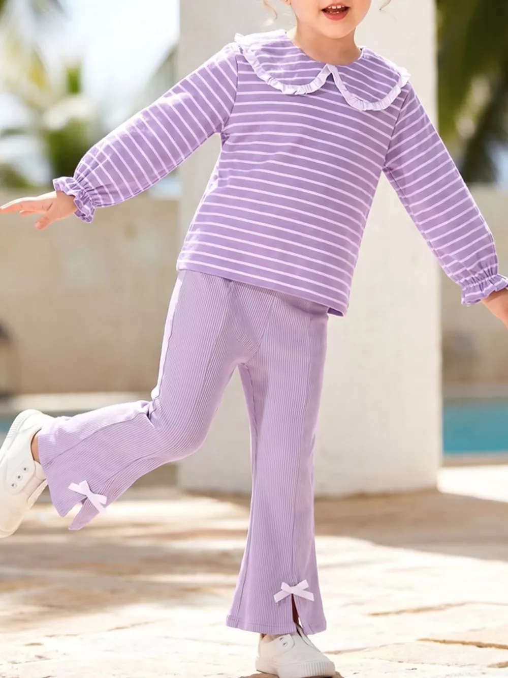Children's Striped Ruffle Collar Top and Bow Flare Pants Set