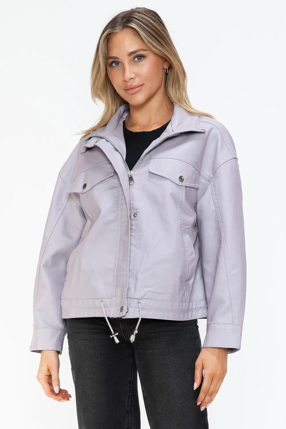 Drawstring Hem PU Leather Zip Up Jacket, image 14