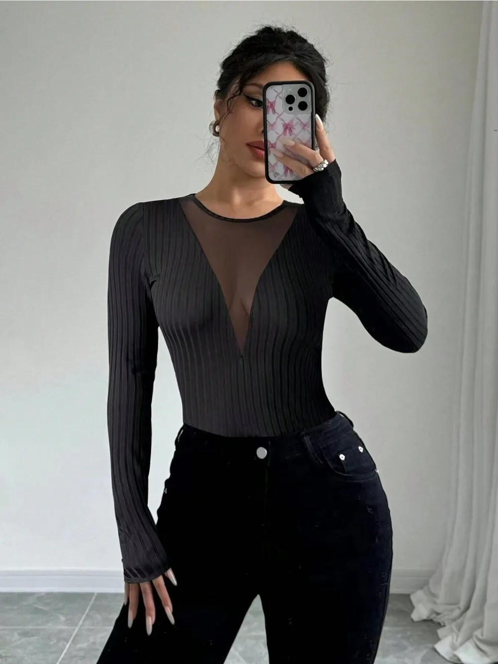 Mesh Detail Round Neck Long Sleeve Top, image 3