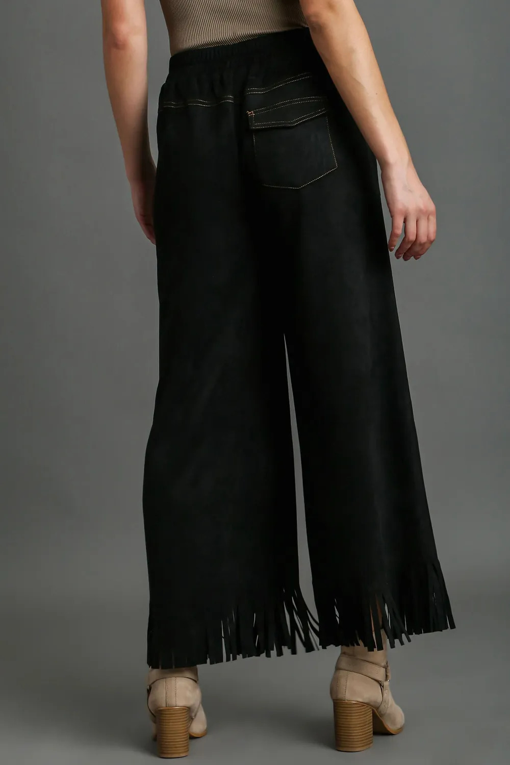 Full Size Suede Fringe Hem Wide Leg Pants Plus Size, image 3