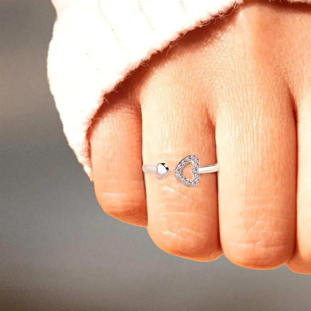 925 Sterling Silver Inlaid Zircon Heart Open Ring, image 4