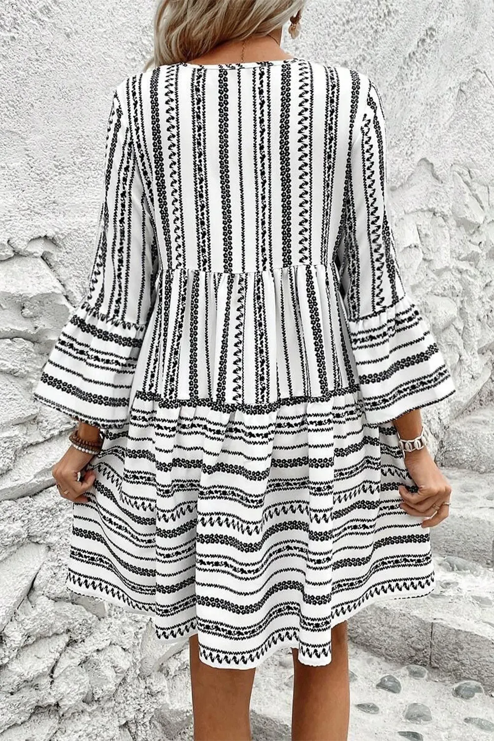 Printed Tie Neck Three-Quarter Sleeve Mini Dress, image 2
