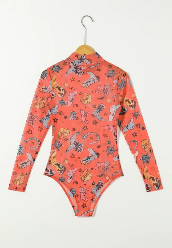 Printed Mock Neck Long Sleeve Bodysuit, image 4