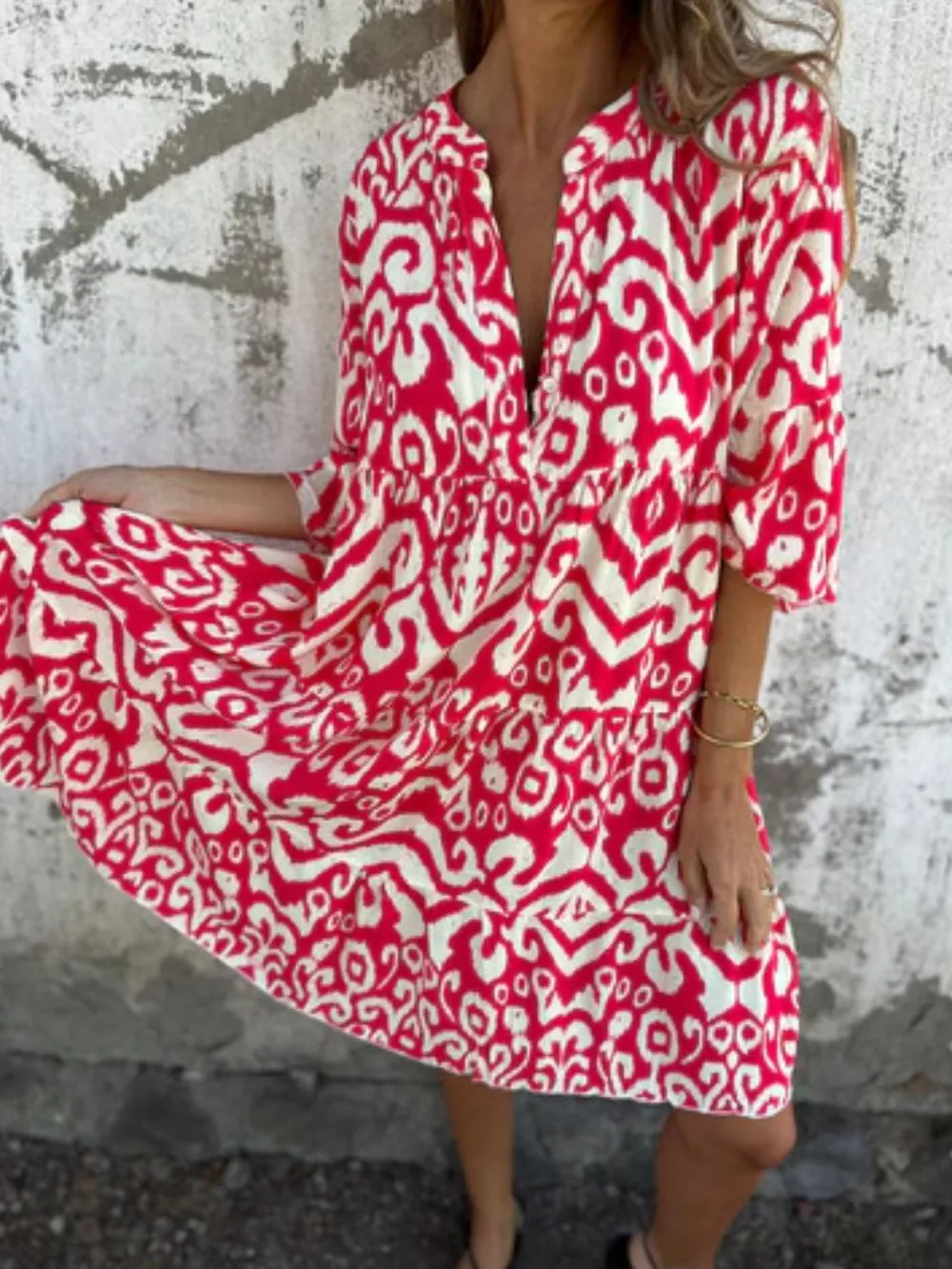 Full Size Printed Notched Half Sleeve Dress Plus Size, image 7