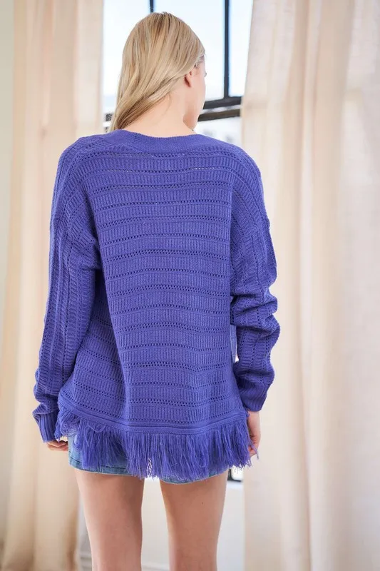 Fringe V-Neck Button Up Long Sleeve Cardigan, image 2